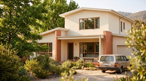 Wohnhaus mit Garten und Auto in der Einfahrt